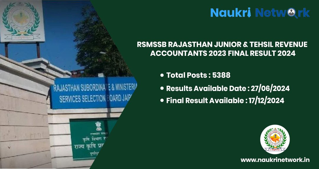 RSMSSB Rajasthan Junior & Tehsil Revenue Accountants 2023 Final Result 2024